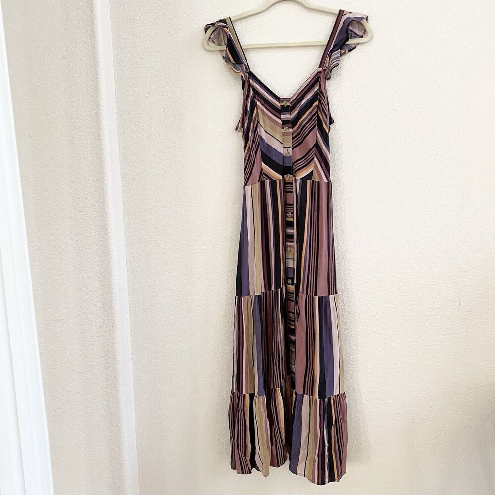 Susina Striped Multicolor Boho Tiered Dress V Neck Sleeveless Cotton S